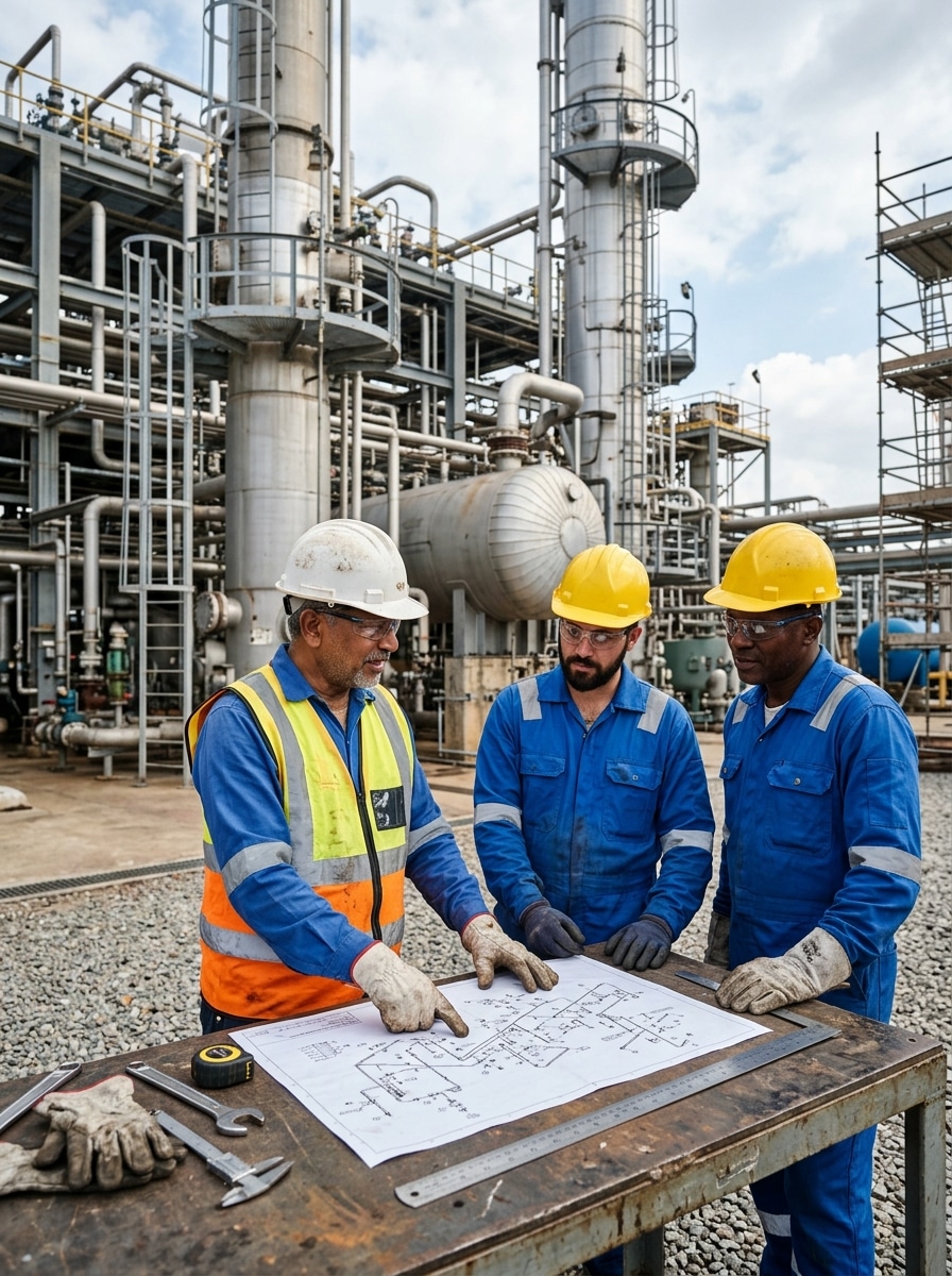 Indian industrial mechanical superintendent reviewing piping isometric engineering drawings with craftsmen on a plant workbench